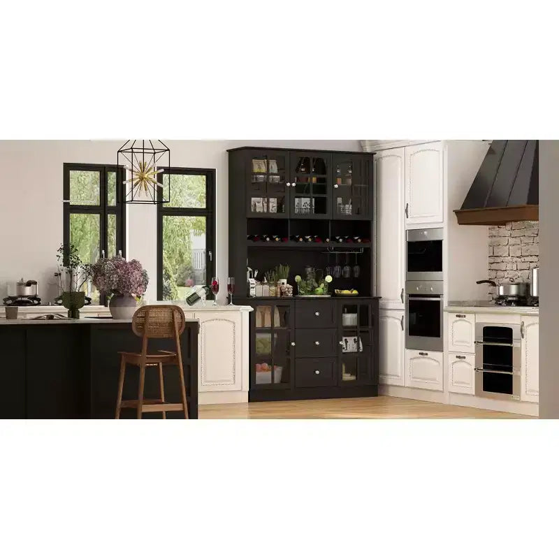 Meuble de cuisine en bois Hitow avec 3 tiroirs, 13 étagères et supports pour tasses et bouteilles