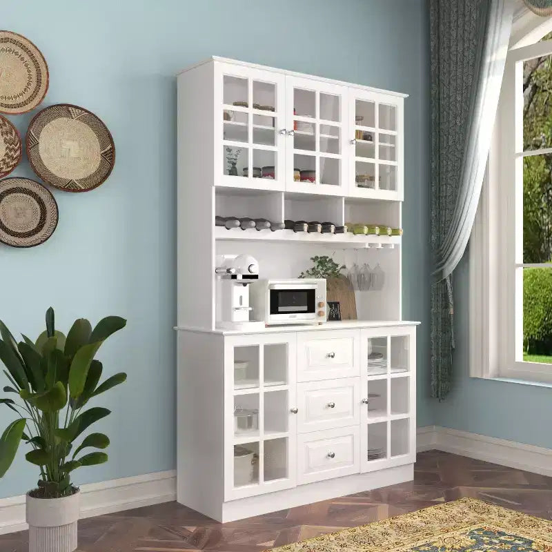 Hitow Wooden Pantry Cabinet with 3 Drawers, 13 Shelves and Cup and Bottle Holders Food Storage Cabinet