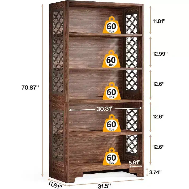 Lantine Bibliothèque à 6 niveaux, étagère vintage de 180 cm de haut, support de rangement autoportant à 5 étagères pour bureau à domicile, salon, chambre à coucher