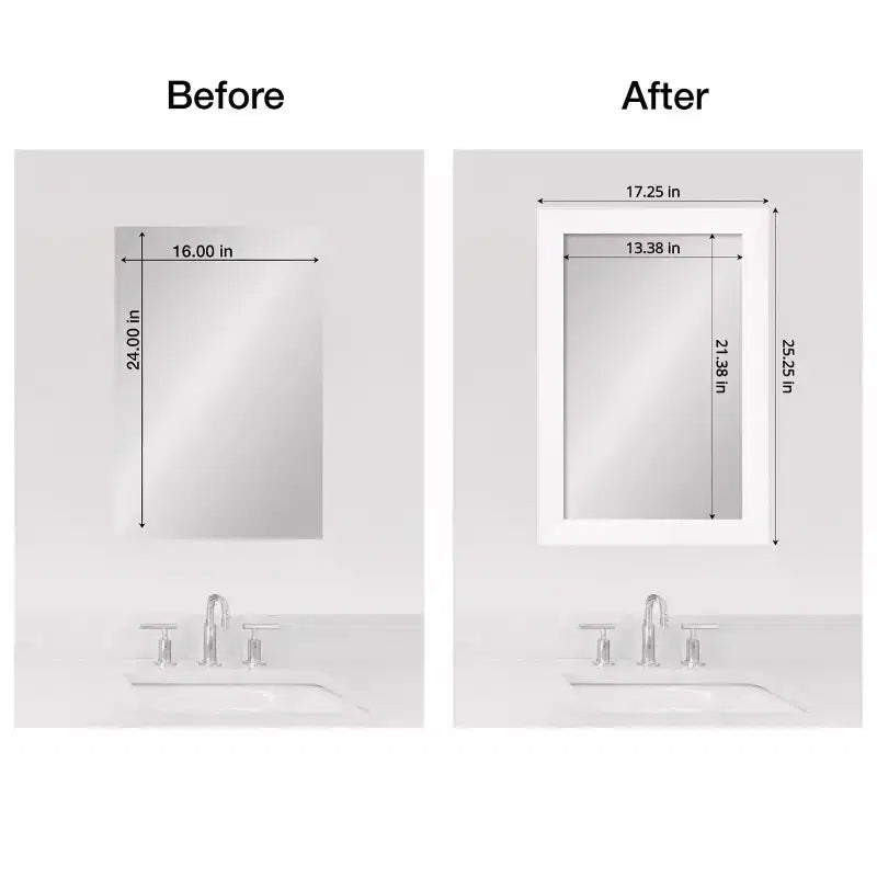 Kit de cadre de miroir de salle de bain Amanti Art Mirror Makeover - Cadre autocollant entièrement assemblé - Miroir NON inclus - Bordure étroite blanc armoire
