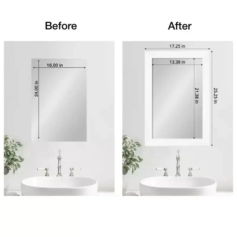 Kit de cadre de miroir de salle de bain Amanti Art Mirror Makeover - Cadre autocollant entièrement assemblé - Miroir NON inclus - Bordure étroite blanc armoire