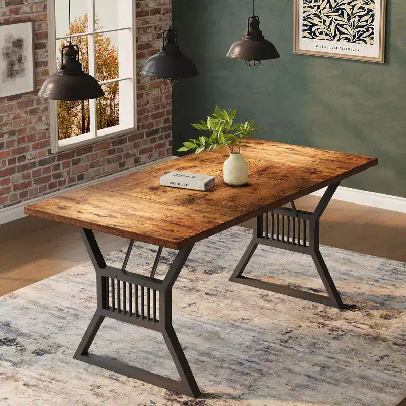 Table à manger de 180 cm pour 6 à 8 personnes, table de cuisine avec pieds en métal robuste, table de salle à manger de style ferme pour cuisine, salon