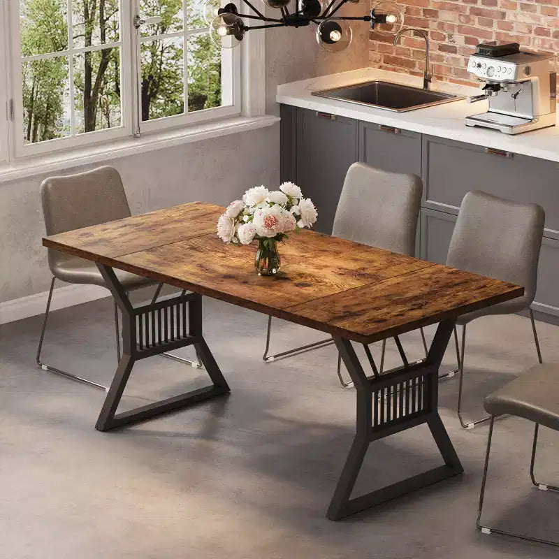 Table à manger de 180 cm pour 6 à 8 personnes, table de cuisine avec pieds en métal robuste, table de salle à manger de style ferme pour cuisine, salon