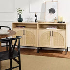 Meuble de rangement en rotin arqué à 2 portes Best Choice Products, buffet, avec découpe pour cordon, étagère de rangement réglable