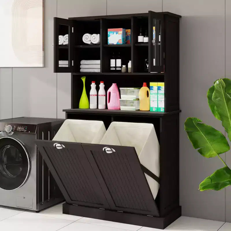 Meuble de salle de bain avec panier à linge, Meuble de rangement avec bac à linge inclinable, Meuble de rangement autoportant pour la cuisine, la salle de bain et le salon