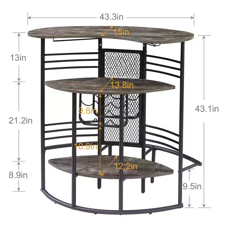 Table de bar industrielle ovale VECELO, table haute à 3 niveaux avec casier à vin et porte-verres, meuble de bar d'angle avec repose-pieds Marron/Gris/Chêne
