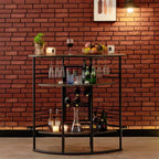 Table de bar industrielle ovale VECELO, table haute à 3 niveaux avec casier à vin et porte-verres, meuble de bar d'angle avec repose-pieds Marron/Gris/Chêne