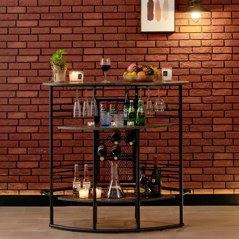 Table de bar industrielle ovale VECELO, table haute à 3 niveaux avec casier à vin et porte-verres, meuble de bar d'angle avec repose-pieds Marron/Gris/Chêne