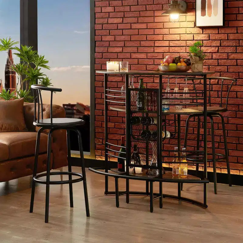 Table de bar industrielle ovale VECELO, table haute à 3 niveaux avec casier à vin et porte-verres, meuble de bar d'angle avec repose-pieds Marron/Gris/Chêne