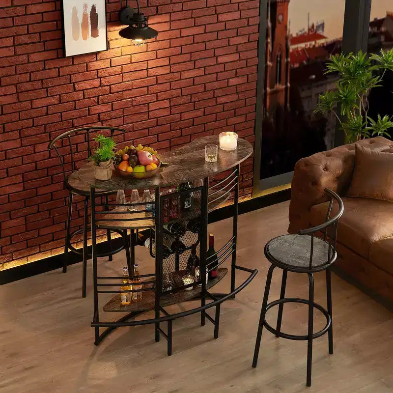 Table de bar industrielle ovale VECELO, table haute à 3 niveaux avec casier à vin et porte-verres, meuble de bar d'angle avec repose-pieds Marron/Gris/Chêne