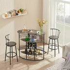 Table de bar industrielle ovale VECELO, table haute à 3 niveaux avec casier à vin et porte-verres, meuble de bar d'angle avec repose-pieds Marron/Gris/Chêne