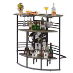 Table de bar industrielle ovale VECELO, table haute à 3 niveaux avec casier à vin et porte-verres, meuble de bar d'angle avec repose-pieds Marron/Gris/Chêne