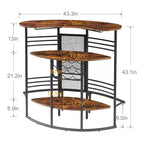 Table de bar industrielle ovale VECELO, table haute à 3 niveaux avec casier à vin et porte-verres, meuble de bar d'angle avec repose-pieds Marron/Gris/Chêne