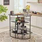Table de bar industrielle ovale VECELO, table haute à 3 niveaux avec casier à vin et porte-verres, meuble de bar d'angle avec repose-pieds Marron/Gris/Chêne