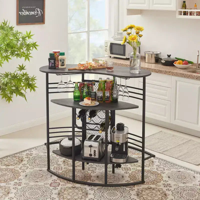 Table de bar industrielle ovale VECELO, table haute à 3 niveaux avec casier à vin et porte-verres, meuble de bar d'angle avec repose-pieds Marron/Gris/Chêne