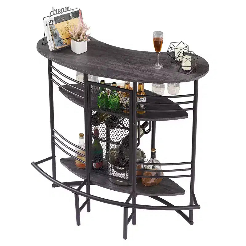 Table de bar industrielle ovale VECELO, table haute à 3 niveaux avec casier à vin et porte-verres, meuble de bar d'angle avec repose-pieds Marron/Gris/Chêne