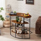 Table de bar industrielle ovale VECELO, table haute à 3 niveaux avec casier à vin et porte-verres, meuble de bar d'angle avec repose-pieds Marron/Gris/Chêne