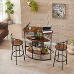 Table de bar industrielle ovale VECELO, table haute à 3 niveaux avec casier à vin et porte-verres, meuble de bar d'angle avec repose-pieds Marron/Gris/Chêne