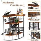 Table de bar industrielle ovale VECELO, table haute à 3 niveaux avec casier à vin et porte-verres, meuble de bar d'angle avec repose-pieds Marron/Gris/Chêne