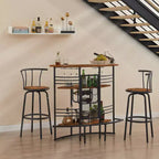 Table de bar industrielle ovale VECELO, table haute à 3 niveaux avec casier à vin et porte-verres, meuble de bar d'angle avec repose-pieds Marron/Gris/Chêne