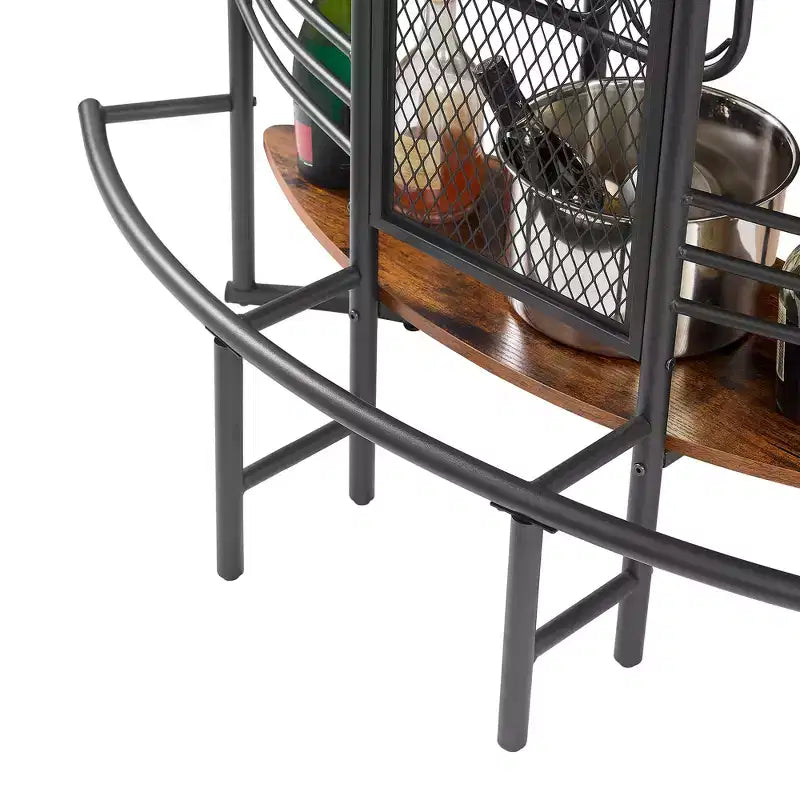 Table de bar industrielle ovale VECELO, table haute à 3 niveaux avec casier à vin et porte-verres, meuble de bar d'angle avec repose-pieds Marron/Gris/Chêne