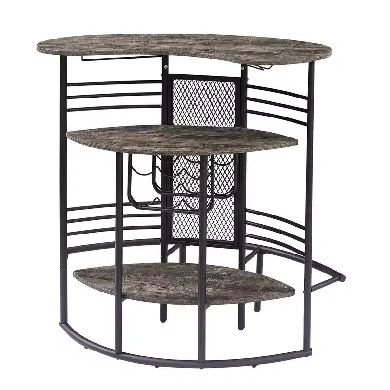 Table de bar industrielle ovale VECELO, table haute à 3 niveaux avec casier à vin et porte-verres, meuble de bar d'angle avec repose-pieds Marron/Gris/Chêne