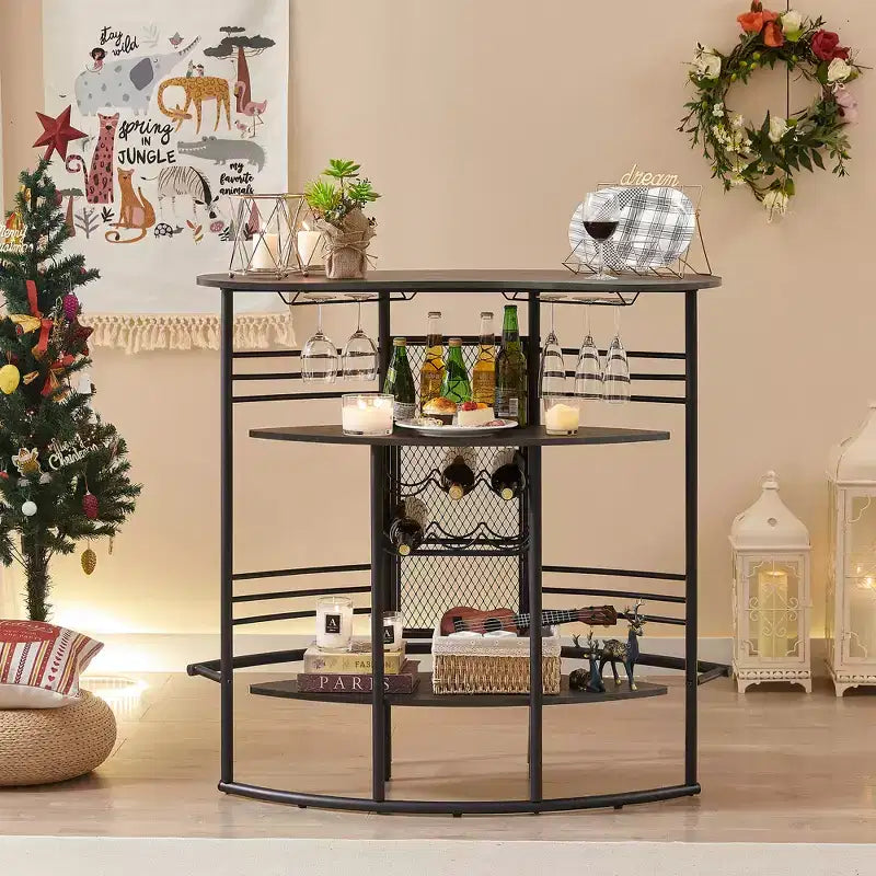 Table de bar industrielle ovale VECELO, table haute à 3 niveaux avec casier à vin et porte-verres, meuble de bar d'angle avec repose-pieds Marron/Gris/Chêne