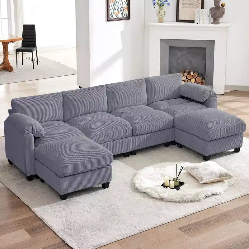 Canapé modulable en velours côtelé HYLEORY avec double ottoman mobile, canapé rembourré confortable en forme de U avec coussin de siège à double couche pour salon