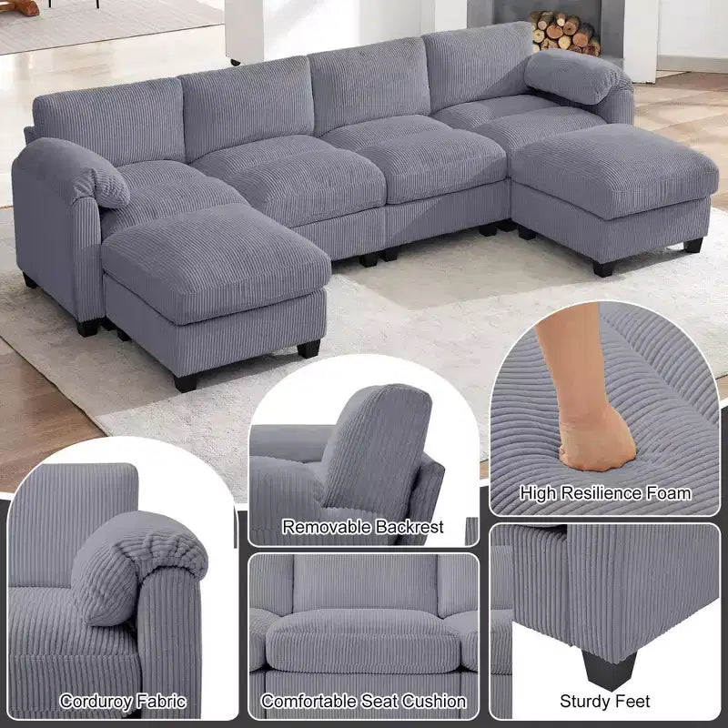 Canapé modulable en velours côtelé HYLEORY avec double ottoman mobile, canapé rembourré confortable en forme de U avec coussin de siège à double couche pour salon