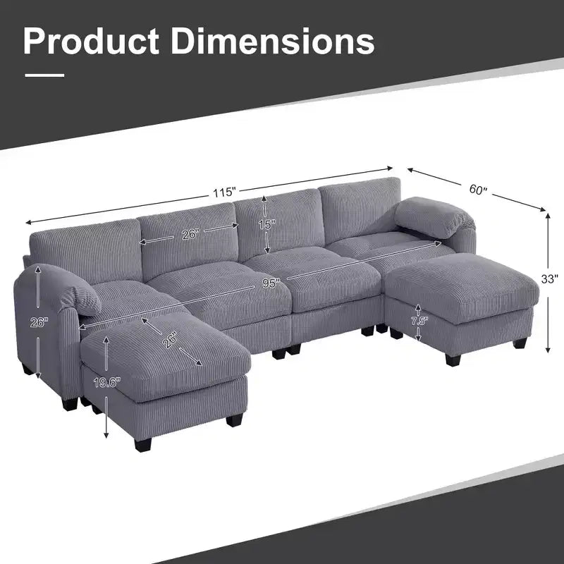Canapé modulable en velours côtelé HYLEORY avec double ottoman mobile, canapé rembourré confortable en forme de U avec coussin de siège à double couche pour salon