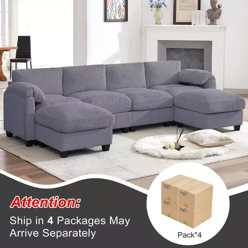 Canapé modulable en velours côtelé HYLEORY avec double ottoman mobile, canapé rembourré confortable en forme de U avec coussin de siège à double couche pour salon