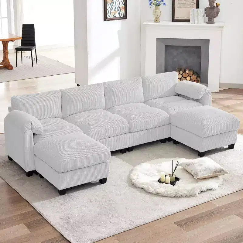 Canapé modulable en velours côtelé HYLEORY avec double ottoman mobile, canapé rembourré confortable en forme de U avec coussin de siège à double couche pour salon