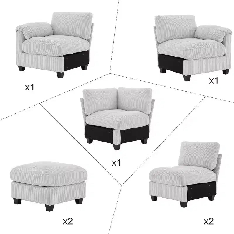 Canapé modulable en velours côtelé HYLEORY avec double ottoman mobile, canapé rembourré confortable en forme de U avec coussin de siège à double couche pour salon