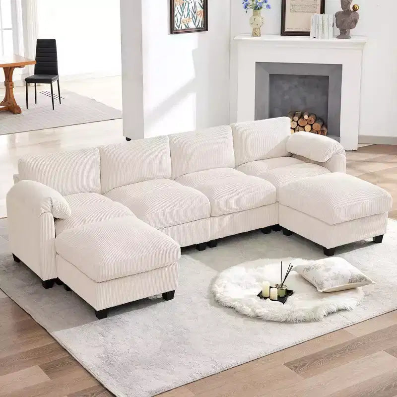 Canapé modulable en velours côtelé HYLEORY avec double ottoman mobile, canapé rembourré confortable en forme de U avec coussin de siège à double couche pour salon