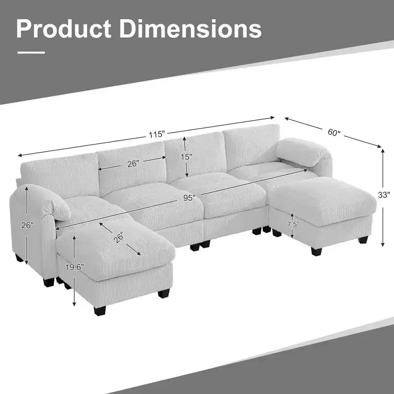 Canapé modulable en velours côtelé HYLEORY avec double ottoman mobile, canapé rembourré confortable en forme de U avec coussin de siège à double couche pour salon