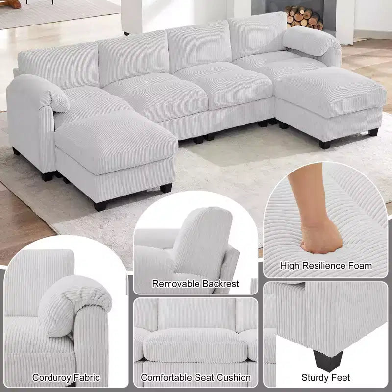 Canapé modulable en velours côtelé HYLEORY avec double ottoman mobile, canapé rembourré confortable en forme de U avec coussin de siège à double couche pour salon