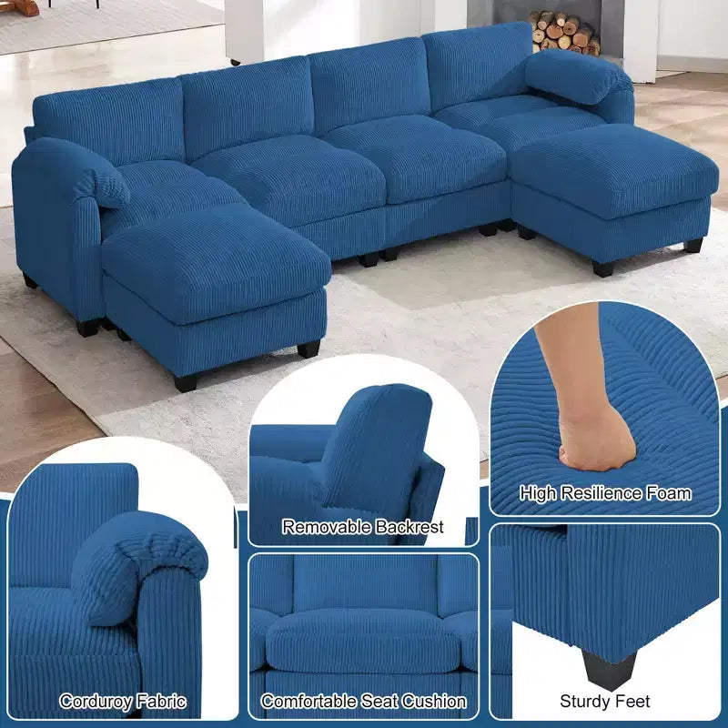 Canapé modulable en velours côtelé HYLEORY avec double ottoman mobile, canapé rembourré confortable en forme de U avec coussin de siège à double couche pour salon