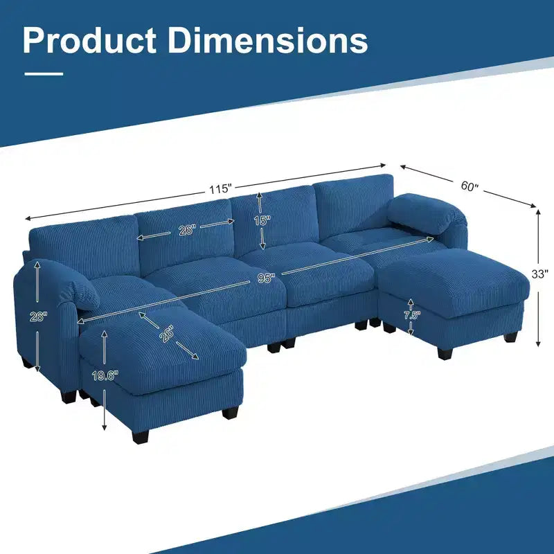 Canapé modulable en velours côtelé HYLEORY avec double ottoman mobile, canapé rembourré confortable en forme de U avec coussin de siège à double couche pour salon