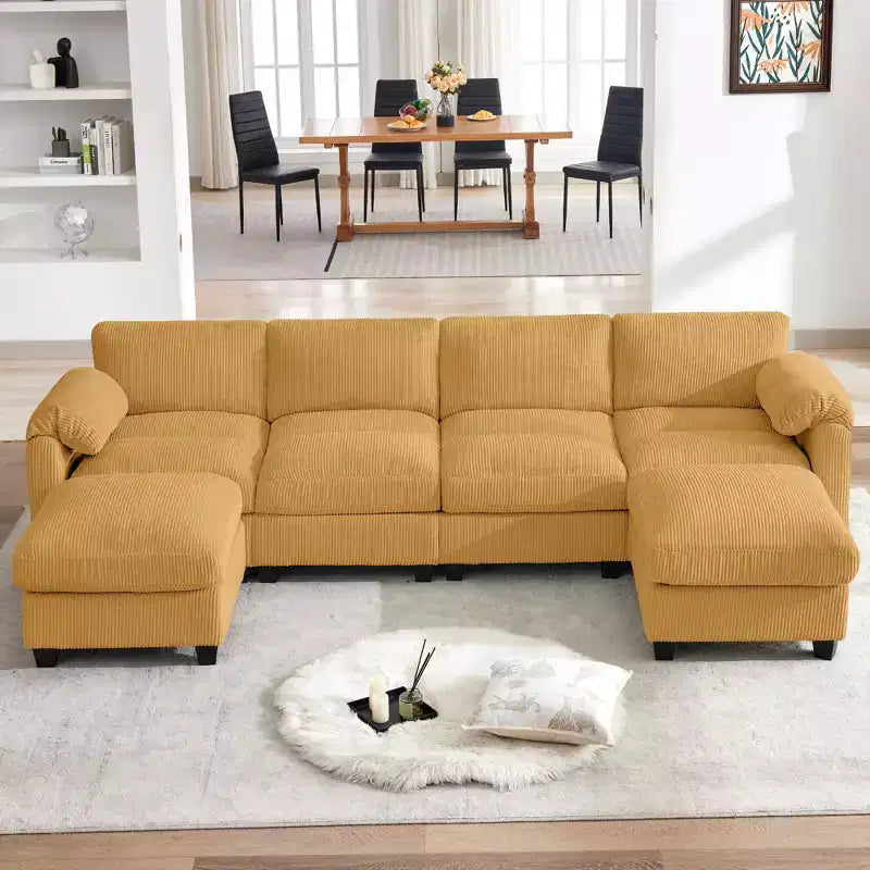 Canapé modulable en velours côtelé HYLEORY avec double ottoman mobile, canapé rembourré confortable en forme de U avec coussin de siège à double couche pour salon