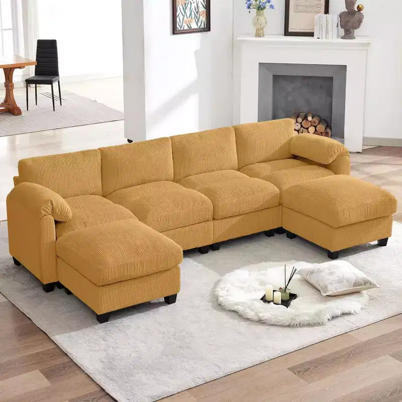 Canapé modulable en velours côtelé HYLEORY avec double ottoman mobile, canapé rembourré confortable en forme de U avec coussin de siège à double couche pour salon
