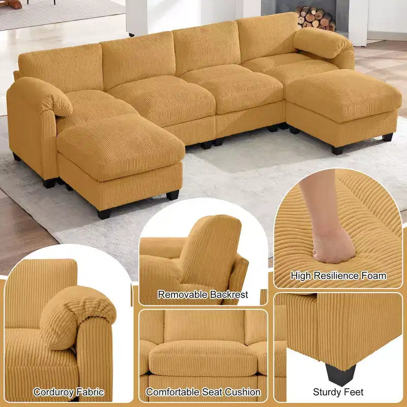 Canapé modulable en velours côtelé HYLEORY avec double ottoman mobile, canapé rembourré confortable en forme de U avec coussin de siège à double couche pour salon