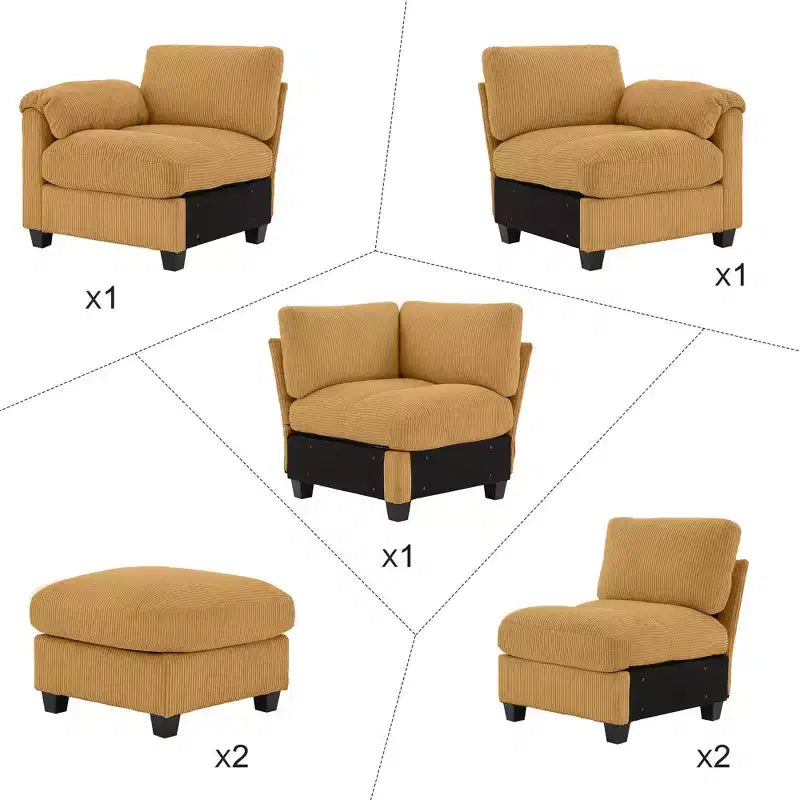 Canapé modulable en velours côtelé HYLEORY avec double ottoman mobile, canapé rembourré confortable en forme de U avec coussin de siège à double couche pour salon
