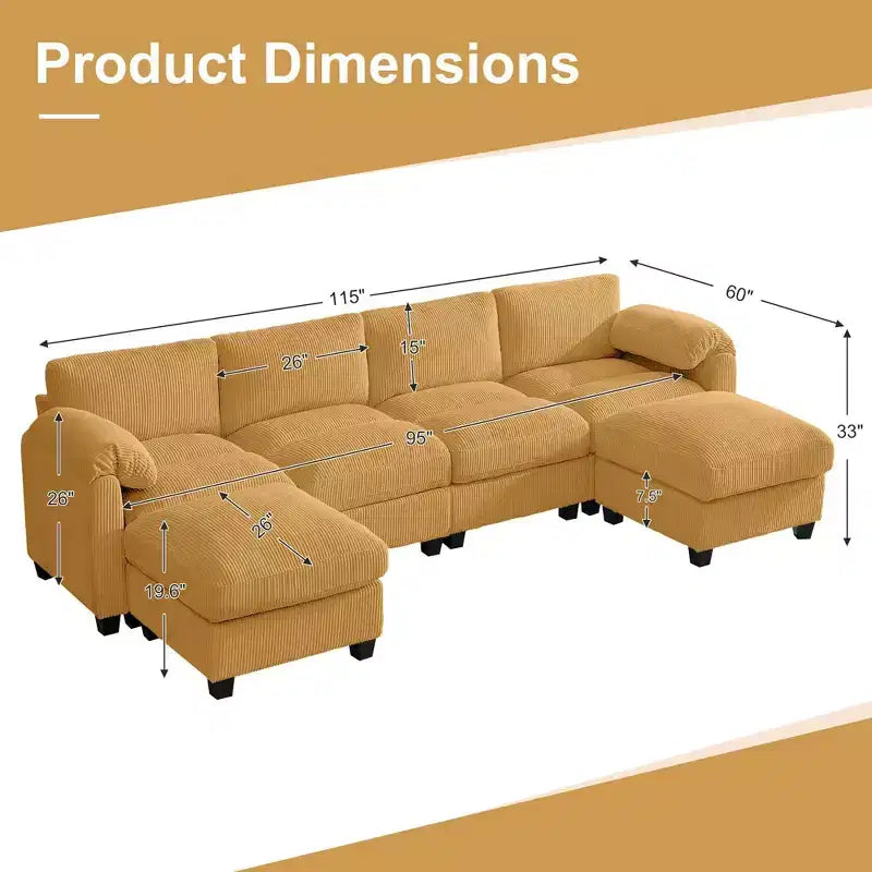 Canapé modulable en velours côtelé HYLEORY avec double ottoman mobile, canapé rembourré confortable en forme de U avec coussin de siège à double couche pour salon