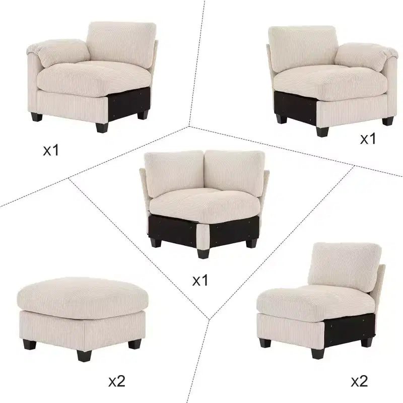 Canapé modulable en velours côtelé HYLEORY avec double ottoman mobile, canapé rembourré confortable en forme de U avec coussin de siège à double couche pour salon
