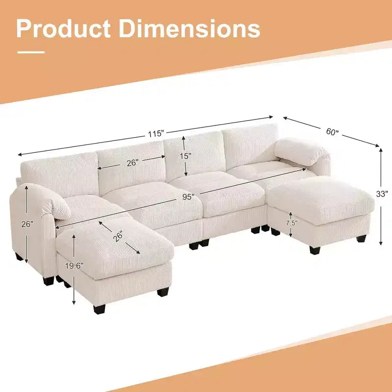 Canapé modulable en velours côtelé HYLEORY avec double ottoman mobile, canapé rembourré confortable en forme de U avec coussin de siège à double couche pour salon
