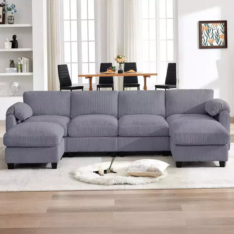 Canapé modulable en velours côtelé HYLEORY avec double ottoman mobile, canapé rembourré confortable en forme de U avec coussin de siège à double couche pour salon