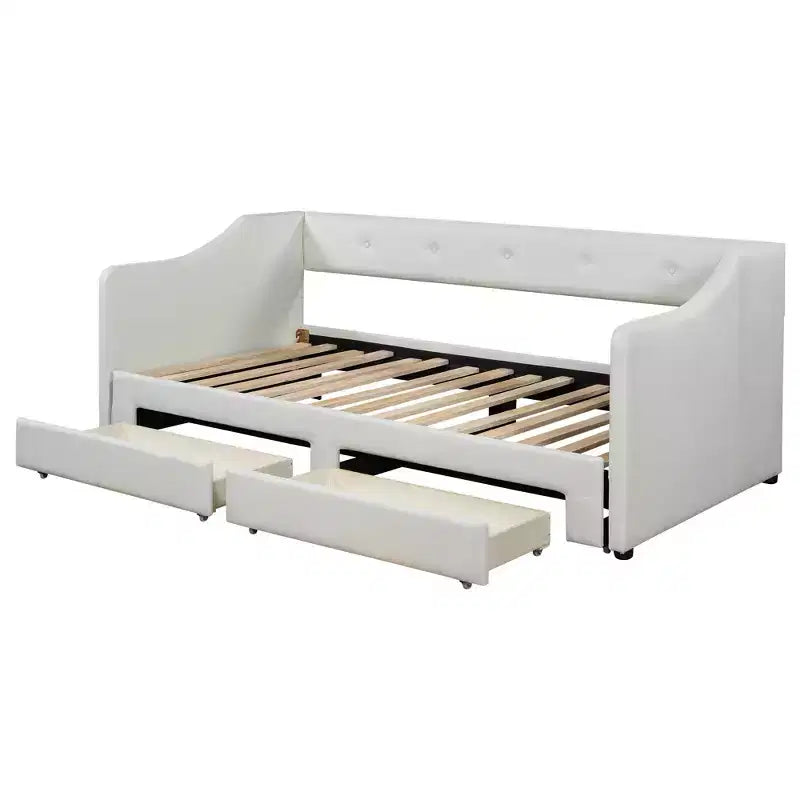 Lit de repos tapissé Whisen de taille double XL extensible en très grand lit, avec deux tiroirs