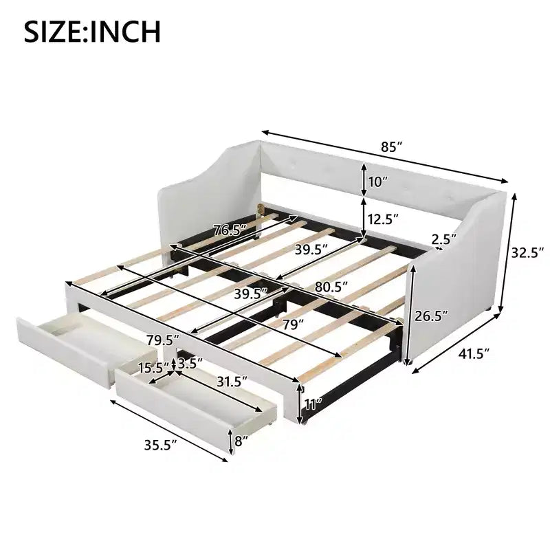 Lit de repos tapissé Whisen de taille double XL extensible en très grand lit, avec deux tiroirs