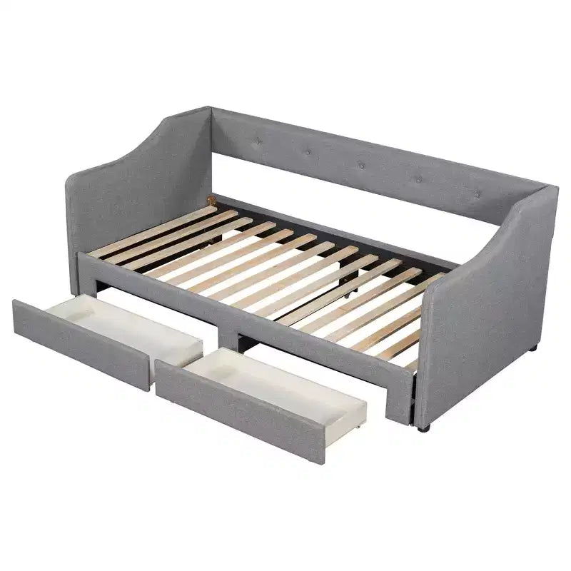 Lit de repos tapissé Whisen de taille double XL extensible en très grand lit, avec deux tiroirs