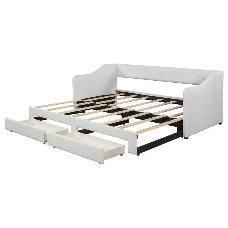 Lit de repos tapissé Whisen de taille double XL extensible en très grand lit, avec deux tiroirs